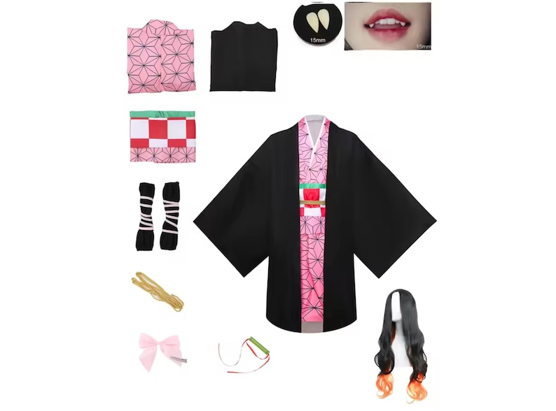 May include: A cosplay costume set featuring a black kimono with pink geometric patterns, a black top, and a wig with black and orange hair. Accessories include socks, a belt, a bow, and a mouth with fangs.