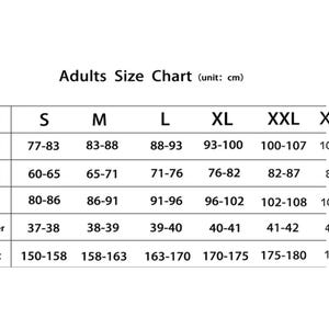May include: A white size chart for adults, with measurements in centimetres. The chart includes sizes S to XXXL, detailing bust, waist, hip, shoulder, and height measurements.