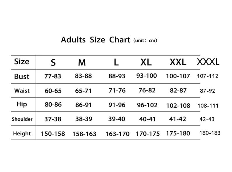 May include: A white size chart for adults, with measurements in centimetres. The chart includes sizes S to XXXL, detailing bust, waist, hip, shoulder, and height measurements.