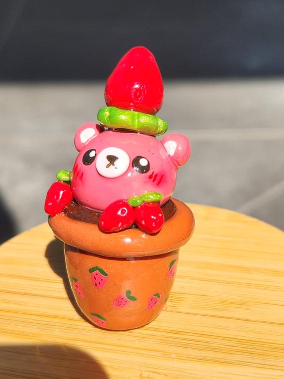 Handmade Polymer Clay Strawberry Bear Desk Buddy