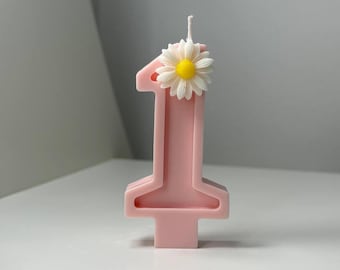 Pink Number Birthday Candle with Daisy: Soy Beeswax Cake Topper