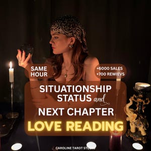 May include: A person wearing a patterned headscarf and a necklace, holding a crystal ball. Text overlays read: SAME HOUR, +6000 SALES, +700 REWIEVS, SITUATIONSHIP STATUS and NEXT CHAPTER LOVE READING, and CAROLINE TAROT STUDIO. Lit candles surround the person.
