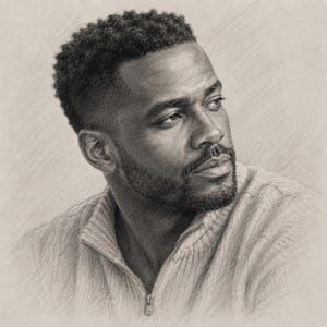 K&ouml;nnte beinhalten: Eine Graphitstiftzeichnung einer Person mit kurzem, strukturiertem Haar und Bart, die nach rechts blickt. Die Person tr&auml;gt einen Pullover mit Rei&szlig;verschluss, sichtbarem Kragen und Rei&szlig;verschlussdetail, dargestellt mit detaillierter Schattierung.