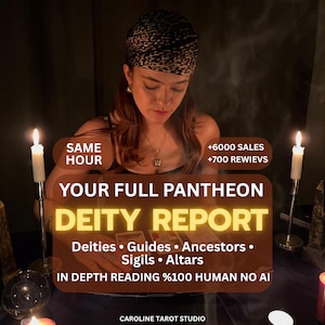 Peut inclure: Une personne portant un foulard à motif léopard est assise derrière une table avec des bougies allumées et des cartes de tarot. Le texte indique : SAME HOUR, +6000 SALES, +700 REWIEVS, YOUR FULL PANTHEON DEITY REPORT, Deities, Guides, Ancestors, Sigils, Altars, IN DEPTH READING %100 HUMAN NO AI, CAROLINE TAROT STUDIO.
