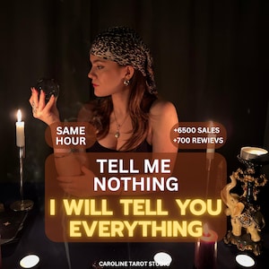 Può includere: Una persona che indossa un foulard a motivi e un top nero, tiene in mano una sfera di cristallo trasparente. L'immagine contiene il testo: SAME HOUR, +6500 SALES, +700 REWIEVS, TELL ME NOTHING, I WILL TELL YOU EVERYTHING e CAROLINE TAROT STUDIO.