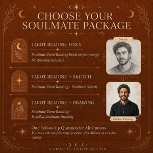 K&ouml;nnte beinhalten: Eine braune Infografik mit dem Titel CHOOSE YOUR SOULMATE PACKAGE. Sie listet drei Optionen auf: TAROT READING ONLY, TAROT READING + SKETCH und TAROT READING + DRAWING. Sie enth&auml;lt eine Bleistiftskizze und eine detaillierte Zeichnung eines Mannes.