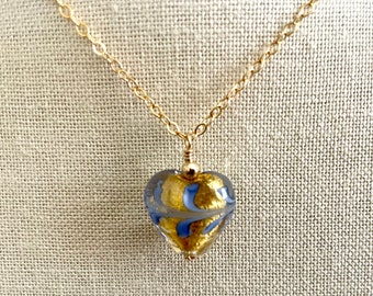 Blue Fenicio Murano Glass Heart Pendant, Blue Gold Foil Venetian Glass Heart Bead on Gold Chain Necklace, Mother's Day Gift