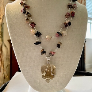 Pink Rhodonite Natural Citrine Crystal Pendant Necklace, Pink Stone Sterling Silver Beaded Necklace