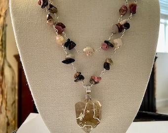 Rhodonite & Citrine Pendant Necklace, Sterling Silver Beaded Gemstone