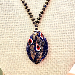 Murano Millefiori Cobalt Glass Pendant Necklace: Venetian Oval Drop Bead