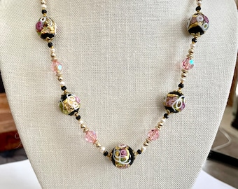 Venetian Black Bead Knotted Necklace, Murano Black Glass Pink Crystal and Pearl Spinel Knotted Silk Necklace, Black Flower Bead Necklace