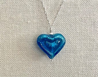 Small Venetian White Gold Blue Glass Heart Pendant, Murano Turquoise Glass Heart Bead on Silver Chain Necklace, Dainty Heart Pendant