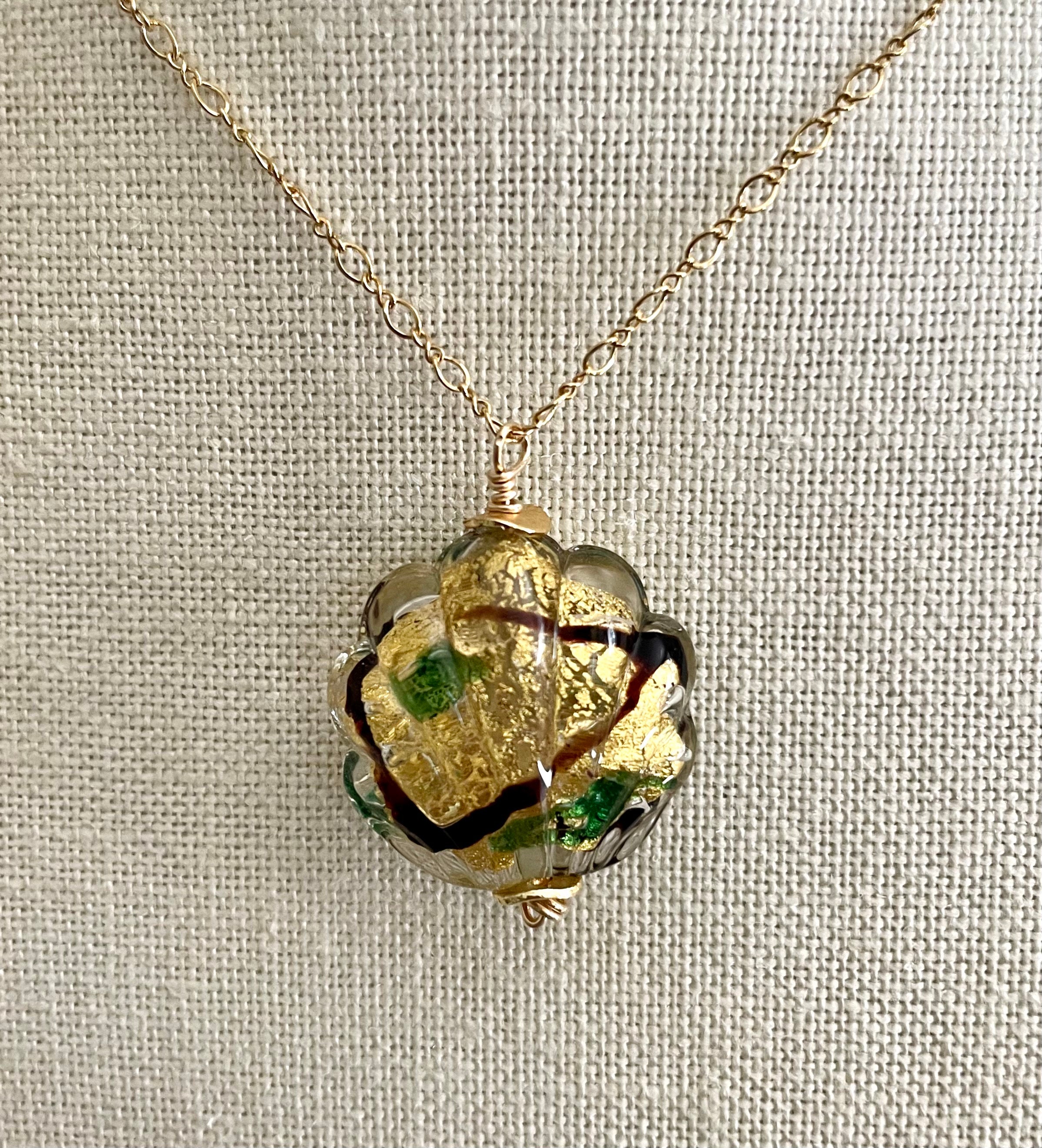 Murano Glass Shell Pendant Necklace: Venetian Gold Foil Bead, 14k