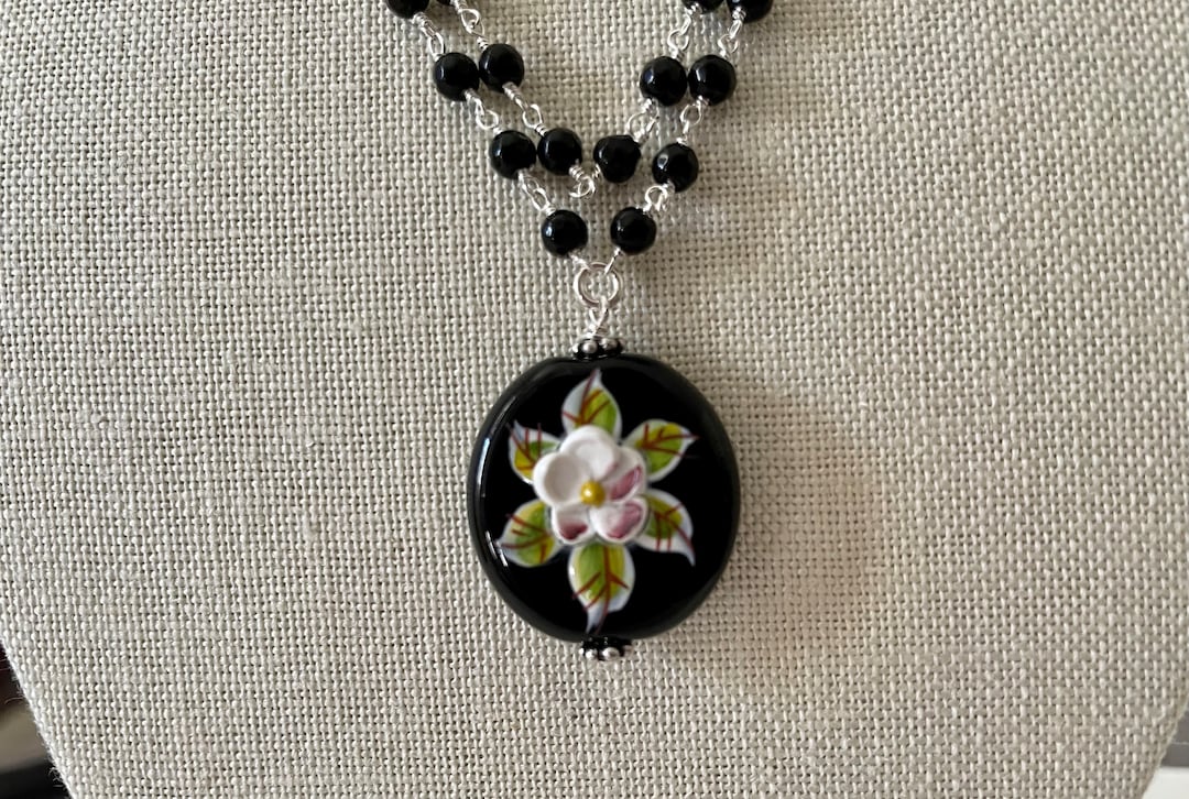 Murano Black Glass Bead Dogwood Tree Flower Pendant Etsy