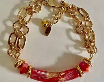 Coral Curved Tube Murano Glass Bead Bracelet, Venetian Orange and White Gold Reticello Bead Chain Bracelet, Italian Tube Glass Bead Bracelet