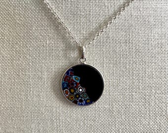 Murano Black Millefiori Pendant Necklace, Venetian Glass Disc on Sterling Silver Chain