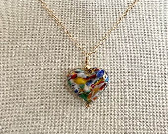 Small Murano "Klimt" Gold Heart Pendant, Murano Multi-Color Splatter Glass Heart Bead on Gold Chain Necklace, Mother's Day Gift