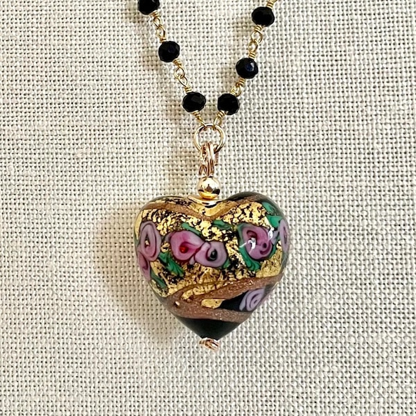 Black Venetian External Gold Heart Rosary Chain Necklace, Murano Black Glass Gold Foil Heart Beaded Chain Necklace, Heart Pendant