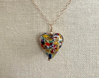 Venetian Gold Foil "Klimt" Heart Pendant, Murano Multi-Color Splatter Glass Heart Bead on Gold Chain Necklace, Mother's Day Gift