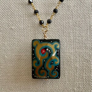 Abstract Scroll Pendant Necklace on Black Rosary Chain, Vintage Hand Painted Pendant Necklace, Artist Pendant