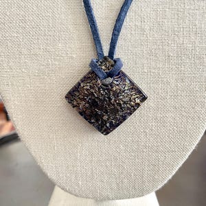 Murano Indigo Blue Gold Fused Glass Pendant Necklace, Venetian Slate Blue Diagonal Glass Bead on Cord