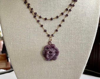 Purple Rose Murano Flower Glass Bead Pendant Necklace, Venetian Amethyst Purple Glass Rose Drop Pendant, Purple Rose on Rosary Chain