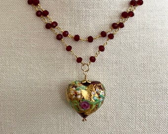 Murano Garnet Glass Heart Rosary Chain Necklace, Ruby Red Gold Venetian Glass Heart Necklace, Romantic Heart Pendant Necklace