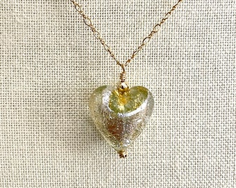 Venetian Dichroic Aquamarine Glass Heart Pendant, Murano Aqua Gold Foil Glass Heart Bead on Gold Chain Necklace, Mother's Day Gift