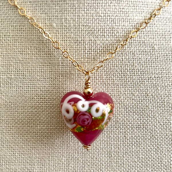 Dark Pink Venetian Wedding Cake Bead Glass Heart Pendant Necklace, Murano Pink Glass Heart Gold Chain Pendant Necklace, Mother's Day Gift