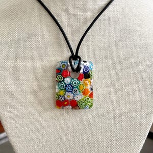 Murano Millefiori Glass Pendant Necklace: Sterling Silver, Leather Cord