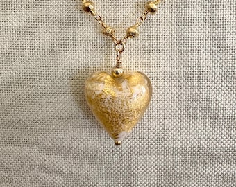 Murano Off-White Glass Heart Necklace, Venetian Alabaster "Ca' D'Oro Bead" Rosary Chain Pendant