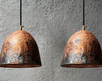 Set Of 2 Oxidized Copper Pendant Lights, Rustic Farmhouse Light Fixture, Handmade Copper Ceiling Light