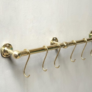 Unlacquered Brass Pot Rail with S hooks , Handmade Vintage Brass Pot Rack , Gold Brass Wall Mounted Brass Hanging Rack with hooks