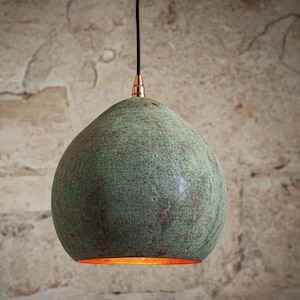 Green Patina Copper Pendant Light – Handmade Dome Ceiling Lamp for Rustic Farmhouse Kitchen Island