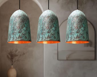 Set of 3 Oxidized Copper Pendant Light, Three Green Patina Farmhouse Light Fixtures, Long Copper Pendant Lamp