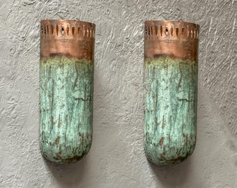 Juego de 2 apliques de pared de cobre con pátina verde, apliques colgantes de cobre para pasillo