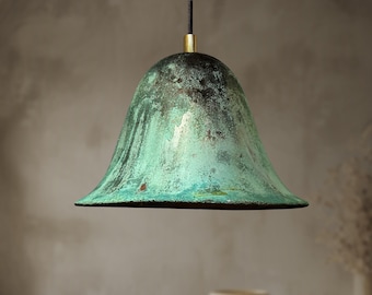 Handmade Oxidized Bell Shaped Copper Pendant Light, Green Patina Copper Dome Pendant Light, Farmhouse Kitchen Ceiling Lamp Fixture