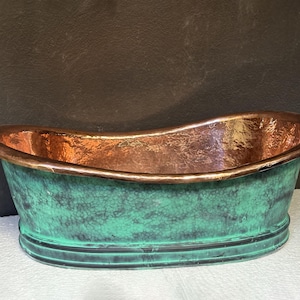 Green Patina Copper Bathroom Sink, Verdigris Tub Shaped Vessel Sink Vanity, Rustic Copper Wash Basin