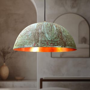 Copper Dome Light Fixture, Green Patina Copper Farmhouse Kitchen Island Lighting, Oxidized Pendant light