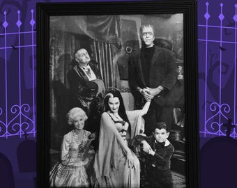 THE MUNSTERS Family Portrait BW Framed Halloween Decor 8x10 with frame.