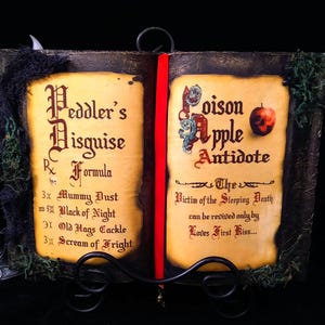 SNOW WHITE Peddler&#39;s Disguise Poison Apple Antidote Halloween Spell Book Spooky Witch Decor Evil Queen Spell
