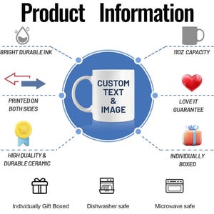 K&ouml;nnte beinhalten: Eine wei&szlig;e Keramiktasse mit einem blauen Kreis darum. Die Tasse hat einen Henkel und tr&auml;gt den Schriftzug "Custom Text & Image" in schwarzer Schrift. Die Tasse hat ein Fassungsverm&ouml;gen von 11 oz und ist sp&uuml;lmaschinen- und mikrowellengeeignet. Sie wird einzeln verpackt und beidseitig mit strapazierf&auml;higer, leuchtender Tinte bedruckt.