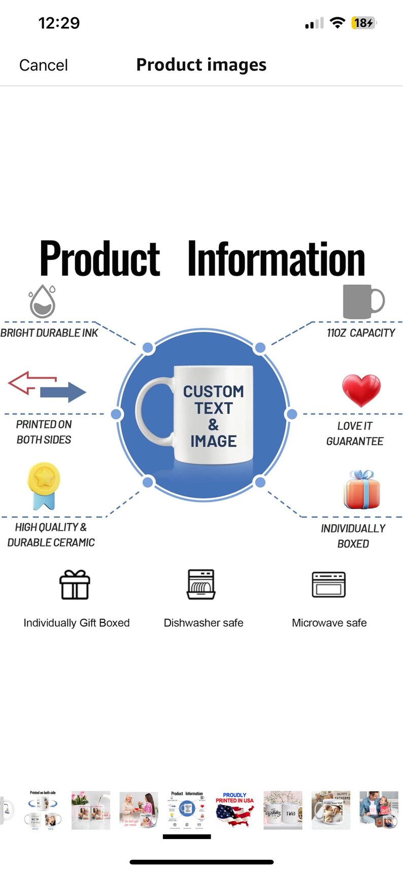 K&ouml;nnte beinhalten: Eine wei&szlig;e Keramiktasse mit einem blauen Kreis darum. Die Tasse hat einen Henkel und tr&auml;gt den Schriftzug "Custom Text & Image" in schwarzer Schrift. Die Tasse hat ein Fassungsverm&ouml;gen von 11 oz und ist sp&uuml;lmaschinen- und mikrowellengeeignet. Sie wird einzeln verpackt und beidseitig mit strapazierf&auml;higer, leuchtender Tinte bedruckt.