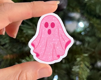 Pink Sparkle Ghost Vinyl Sticker, Pastel Halloween Sticker