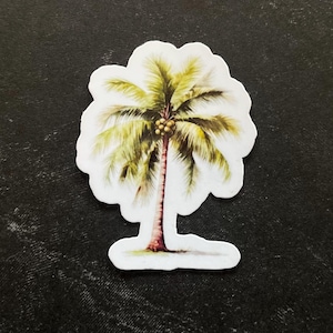 May include: A sticker featuring a watercolor illustration of a palm tree with green leaves and brown coconuts.