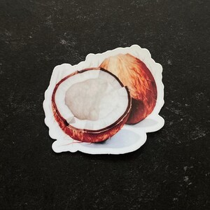 May include: A sticker of a brown coconut cut in half, showing the white inside. The coconut is on a white background.