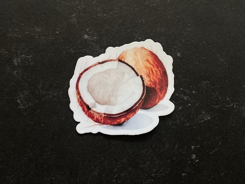 May include: A sticker of a brown coconut cut in half, showing the white inside. The coconut is on a white background.