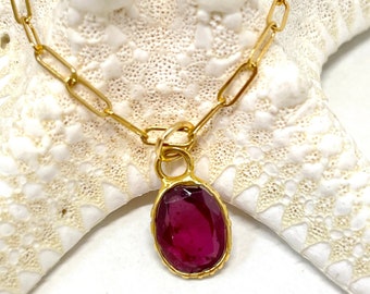 Rhodolite Garnet Gold Bezel Necklace, January Birthstone Pendant