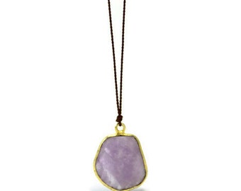 Lavender Amethyst Gold Bezel Silk Necklace