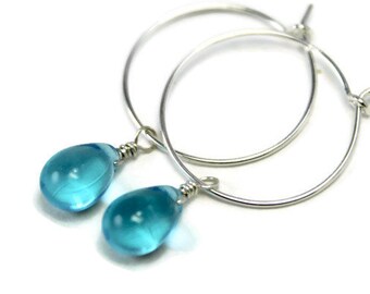 Blue Mermaid Tear Silver Hoop Earrings